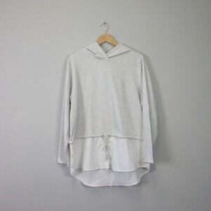 Athleta Gallery Hoodie Top Women XL Gray White Layered Hem Drawstring Casual 422